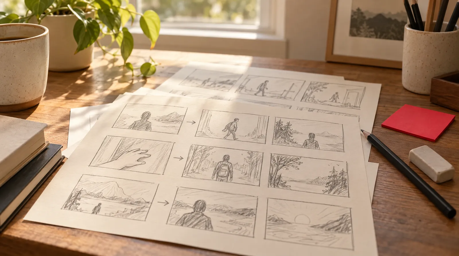 Pencil-sketched storyboard sheets with arrows on a wooden desk beside a pencil and red sticky note